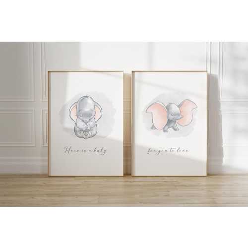 SET OF 2 Dumbo Disney Print, Dumbo Nursery Decor, Dumbo wall Print, Dumbo Kids Room Keep Sake, Dumbo Newborn Baby Gift, Dumbo Keep Sake