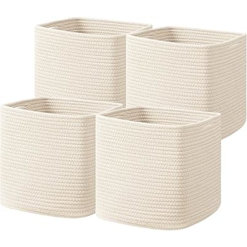 joybest Cube Storage Bins Set of 4, 13inch Cube Baskets Organizer for Nursery, Square Cotton Rope Baskets for Shelves Organizing, Kids Toy, Closet Storage, Beige