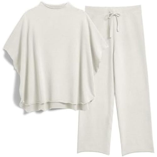 Women's Two Piece Outfits 3/4 Batwing Sleeve Capelet Crew Neck Pullover Top Wide Leg Pants Lounge Set