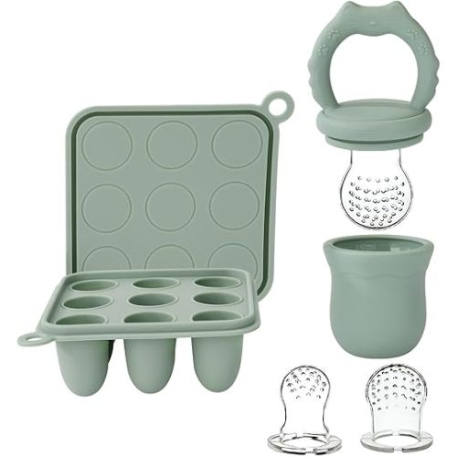 Socub Silicone Baby Fruit Food Feeder & Baby Food Freezer Tray Set, milk Popsicle Molds for Baby Teething Relief, Baby Food Pacifier Feeder for Self Feeding, Include 3 Sizes Food Pouch (Sage)