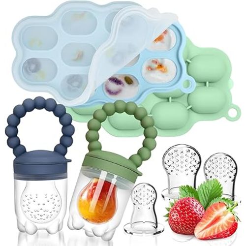 Silicone Baby Fruit Food Feeder, 2 Pack Freezer Tray with lid for Batch Prep,Introduce New Foods, Breastmilk Popsicle Molds, Silicone Teething Toys, Includes 6 Extra Food Pacifier
