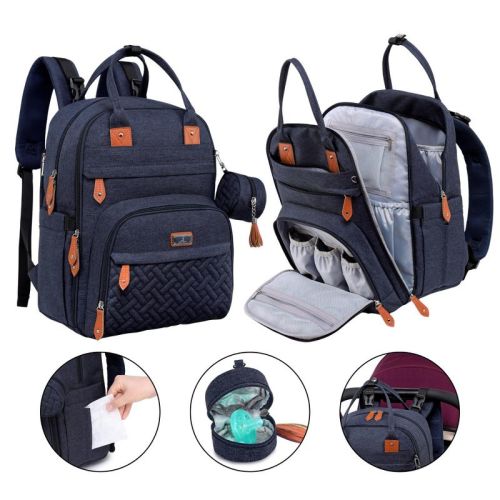 BabbleRoo Diaper Bag Backpack Stylish 26L Hands Free Baby Bag with Changing Pad, Stroller Straps & Water-Resistant, Navy Blue, Large