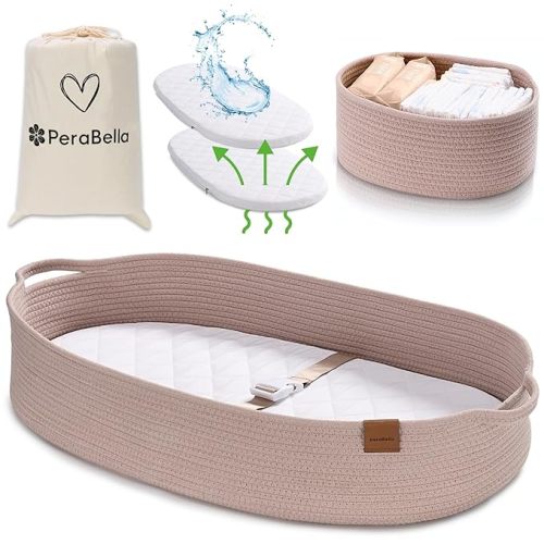 PeraBella XL Baby Changing Basket for Dresser Top, Moses Baskets for Newborn, Portable Baby Diaper Changing Pad Table Topper for Dresser, Moses Bassinet Mat with Waterproof Pad Cover and Diaper Caddy