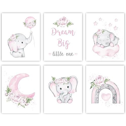 Canssape Pink Elephant Nursery Wall Decor Set of 6 Baby Girl Room Decor Elephant Wall Art Goodnight On Moon |Dream Big Little One Decoration for Kids Nursery Girls Room|(8"x10")(Unframed)