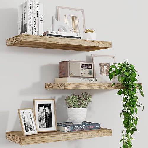 Floating Shelves, 17 Inch Wall Shelf Set of 3, Rustic Wood Shelves for Wall Storage, Wall Mounted Wooden Display Shelf for Bedroom Kitchen, Carbonized