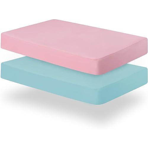 Biloban Pack and Play Sheets Fitted, 2 Pack Pack and Play Sheet Fits for Graco Pack n Play Mattress, Neutral Playard Sheets for Baby Boys and Girl, Pink & Aqua, 38”X 26”