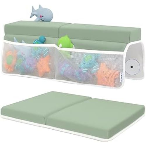 Comfortable Baby Bath Kneeler and Elbow Rest Pad Set – Thick Memory Foam Bath Kneeling Pad with Elbow Support – Baby Bathtub Cushion with Toy Organizer for Bathing Infant or Toddler - Green