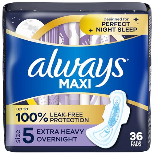 Always Maxi Overnight Pads with Wings for Women, Size 5, Extra Heavy Overnight Absorbency, Unscented, 36 Count (Packaging May Vary)