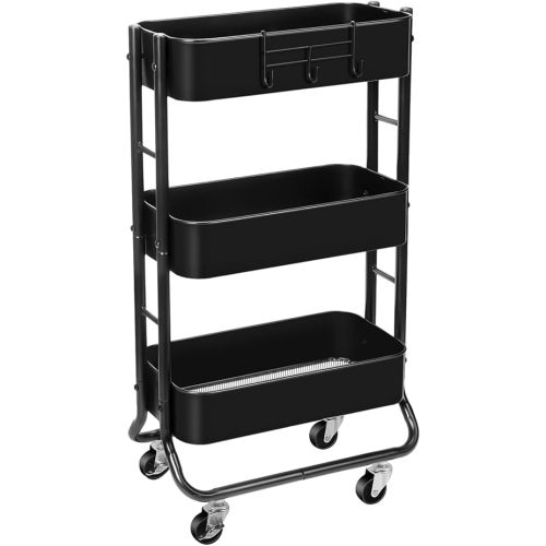MAX Houser Slim 3-Tier Rolling Utility Cart, Narrow Metal Storage Cart with Wheels, Multifunctional Organizer Cart, Bathroom Storage Cart with Extra Hook, Laundry Room, Kitchen, Small Space(Black)