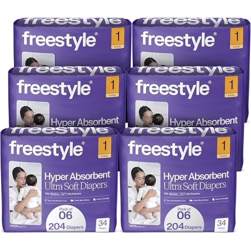 Freestyle BambooTek Diapers - (Size 1) Hyper Absorbent & Non-Toxic – Disposable Diapers for Sensitive Skin – Ultra Soft Diapers (8-14 lbs) – 204 Count