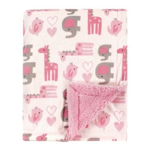 Luvable Friends Baby Girl Plush Blanket with Faux Shearling Back, Girl Safari, One Size