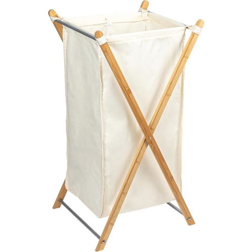 Household Essentials X-Frame Bamboo Laundry, Collapsible Wood Frame with Washable Poly-Cotton Bags