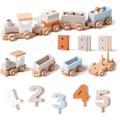 Mamimami Home Wooden Train Set Train with Numbers & Blocks for Toddlers 1-4, Baby Gift