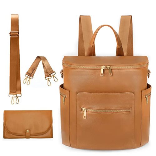 Leather Diaper Bag Backpack by MF Store, Diaper Backpack with Laptop Sleeve,Changing Pad,Wipes Pouch,Stroller Straps and Insulated Pockets, Brown, 13x7x12 Inch - 13x7x12 Inch (Pack of 1)