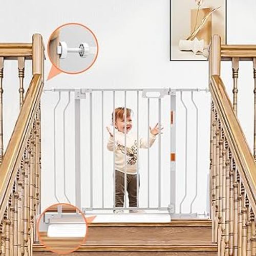 Mom's Choice-GROWNSY Baby Gate for Stairs, 29.5"-48.4" Pressure Mounted Baby Gate for Top of Stair&Doorway with V-Shaped Rods, Anti-Trip Pedal, Extra Wide Stairs Dog Gate Easy Install w/Red Reminder