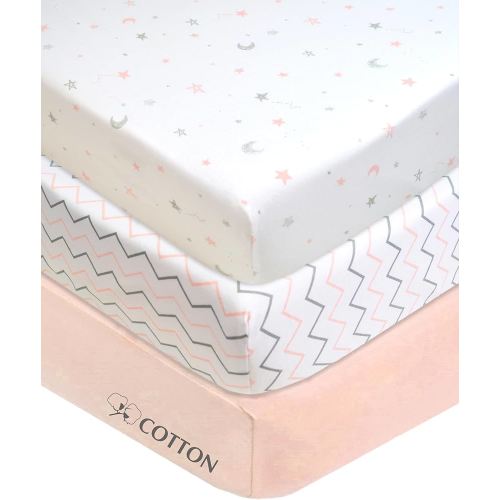 American Baby Company 3 Pack 100% Natural Cotton Fitted Mini Crib Sheets 38" x 24" - Soft & Breathable Small Nesting Portable Sheets, Fits Pack N Play Mattresses, Pink Star/Zigzag, for Boys & Girls