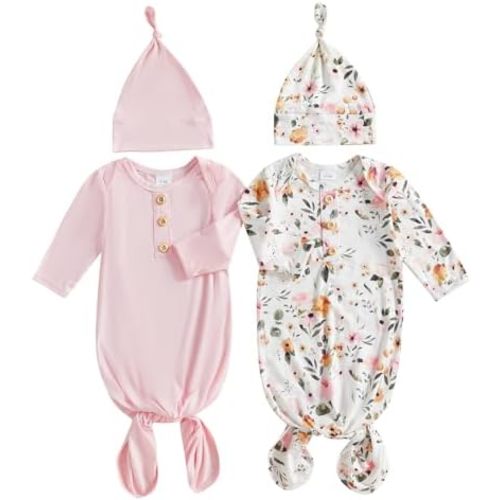 woshilaocai 2 Pack Baby Boy Girl Gown Sleeper Newborn Knotted Nightgown and Hat Set Infant Sleepwear