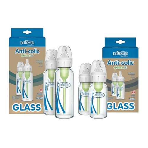 Dr. Brown's Natural Flow Anti-Colic Options+ Narrow Glass Baby Bottles, Made in The USA, BPA Free, 8oz and 4oz, 0m+, 4-Pack