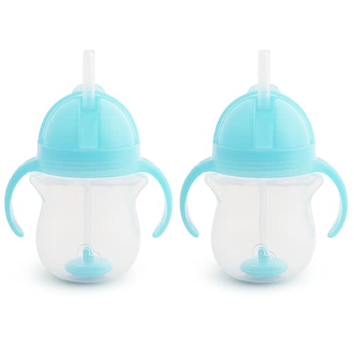 Munchkin Any Angle Sippy Cups for Toddlers, Spill Proof Weighted Straw Cup with Transition Handles for Babies 6 Months and Up, 7 Ounce, 2 Pack, Blue