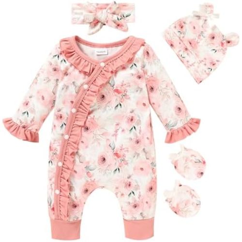 GRNSHTS Newborn Girl Floral Jumpsuit Baby Girl Long Sleeve Ruffle Romper Overall Coming Home Outfits