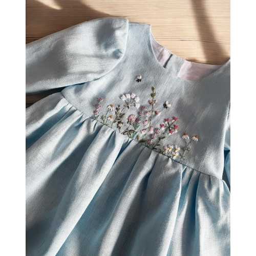 Wildflowers Garden Long Sleeve Dress for Girls, Handmade Embroidery Dress, Girl Summer Dress, Embroidered Linen Dress, 1st Birthday Dress