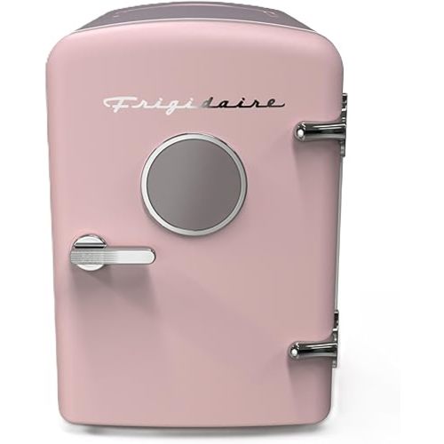 Frigidaire Pink Mini Personal Fridge Cooler, 1 Gal Capacity fits Six Cans, Includes Plugs for Home Outlet & DC Charger - 9.84" D x 7.09" W x 10.35" H