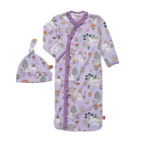 folk magic modal magnetic cozy sleeper gown + hat set with ruffles