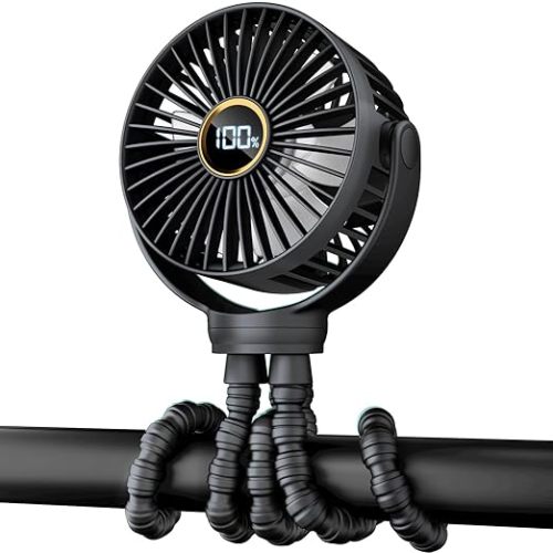 Portable Stroller Mini Fan, Small Rechargeable Personal Fan, Travel Essentials for Baby, Wagon, Car Seat, Treadmill, Battery Powered Biking Gear Accessories, 360° Rotation, 3-Speed, Display, Beige