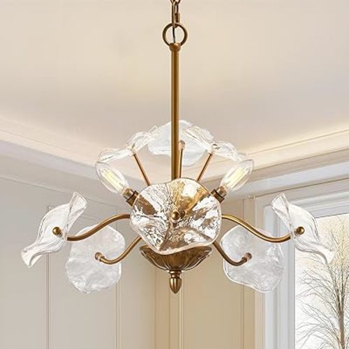 Luvkczc Modern Gold Chandelier,Vintage Brass Flower Glass Pendant Light Fixture,Mid Century Ceiling Light Fixture for Dining Room, Kitchen, Living Room, Bedroom Hallway Porch,3 Lights