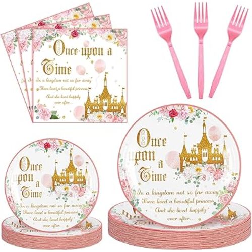 Sunnyray 96 Pieces Princess 1st Birthday Party Decorations Supplies Castle Birthday Party Tableware Set Once Upon a Time Dessert Plates Napkins Forks for 24 Guests