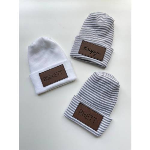 Hospital Size Newborn Baby Personalized Faux Leather Patch Beanie // Name Beanie // Laser Engraved