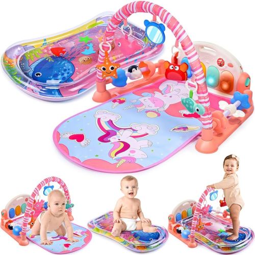 Baby Gyms Play Mats with Tummy Time Water Mat, Activity Mat Play Piano Gym with 5 Sensory Toys for Babies, Music and Lights Boy & Girl Gifts for Infant Newborn Babies 0-3 4-6 6-9 6-12 Months