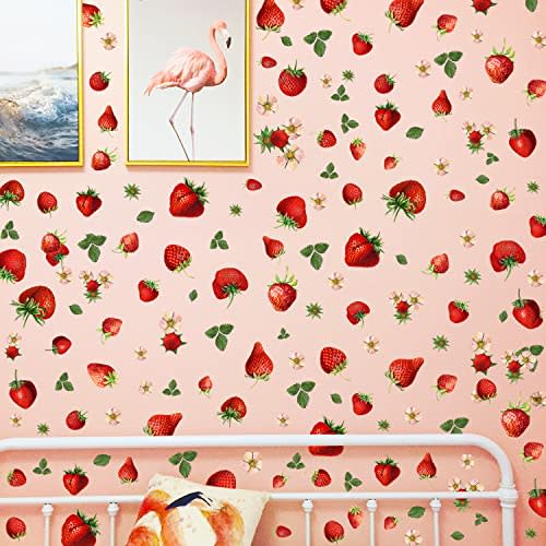 DRWSSR 4 Sheets Removable New Strawberry Wall Decal Fresh Fruit Wall Decoration DIY Peel and Stick Wall Art Wallpaper for Bedroom Living Room Kid's Room Nursery Rental House Apartment Decoration
