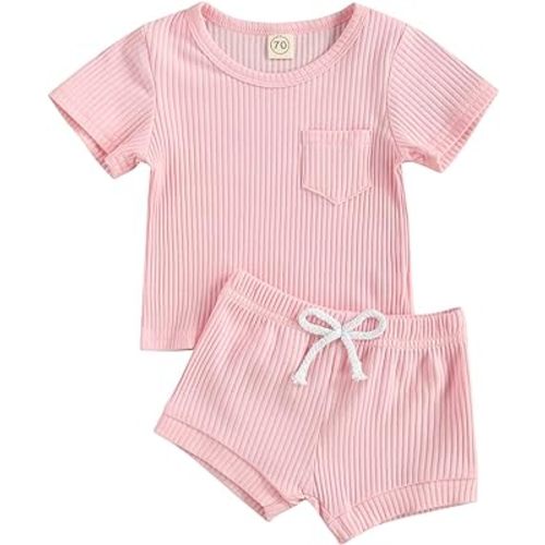 Madjtlqy Newborn Baby Boy Girl Summer Clothes Set Ribbed Outfits Unisex Infant Solid Button Short Sleeve Tops Shorts Set