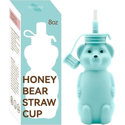 Honey Bear Straw Cup, Food Grade Silicone, Babies Water Drinking Cup, 8-Ounce Therapy Sippy Bottles for Speech and Feeding Training, BPA Free & Dishwasher Safe (AQUA)