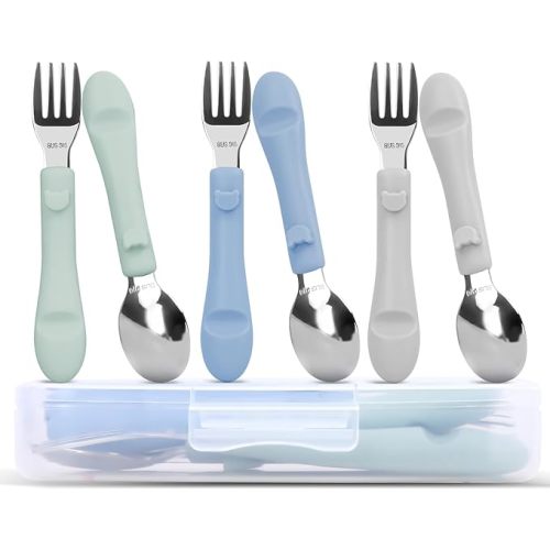 6PCS Toddler Utensils, 316 Stainless Steel Baby Safe Forks + Spoons with Silicone Handle, BPA Free Dishwasher Safe Kids Silverware Cutlery with Box, Sage/Blue/Gray
