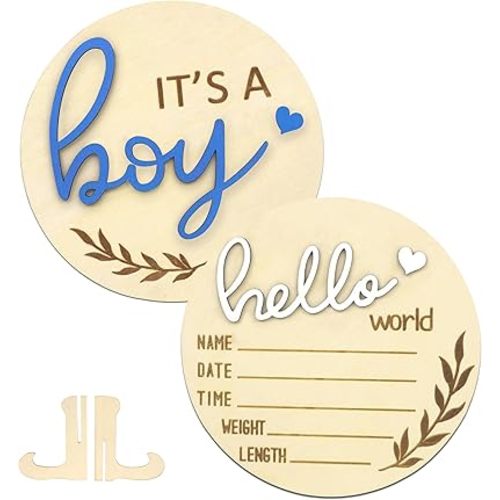 Hello World Newborn Sign Boy, Gender Reveal Birth Announcement Sign, 2PCS Its a Boy and Hello World baby Welcome Board Wooden Name Announcement Plaque for Photo Props Baby Shower Hospital Nursery