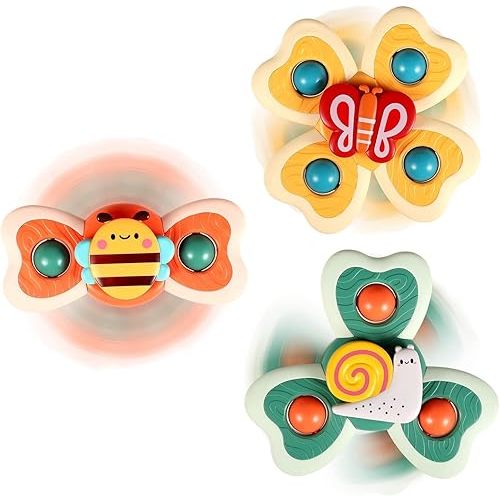 ALASOU 3PCS Suction Cup Rotating Toys for 1 Year Old Boy Girl|Rotating Top Baby Toys 12 18 Months|1 2 Year Old Boy Birthday Gift|Baby Bath Toy for Kids Ages 1-3|Sensory Toy for Toddlers 1-3