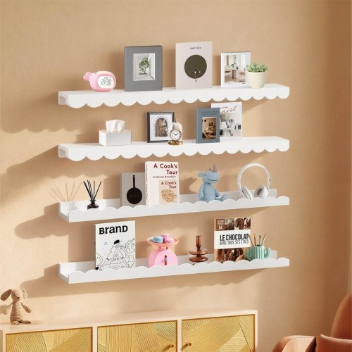 4PCS White Nursery Floating Shelves for Wall Kids Scalloped Shelves Wood Bookshelf Holder Organizer 58x12cm