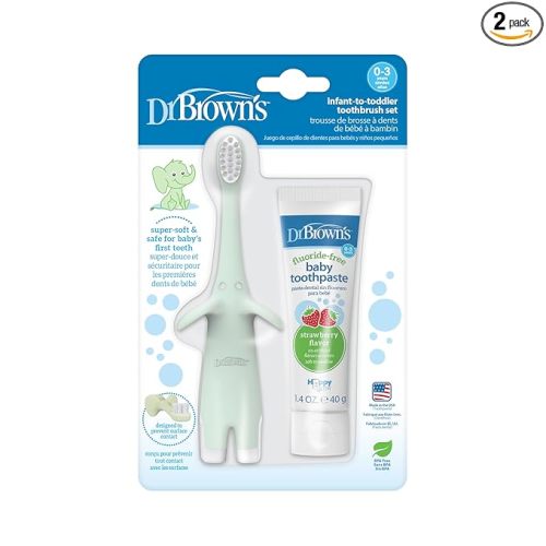 Dr. Brown’s Infant-to-Toddler Training Toothbrush Set, Mint Elephant with Fluoride-Free Strawberry Baby Toothpaste, 0-3 years