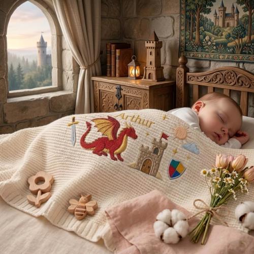 Personalized Dragon Castle Baby Name Blanket, Knit Baby Boy Name Blanket, Welcome Baby Nursery Keepsake, Cute Dragon Baby Shower Gift