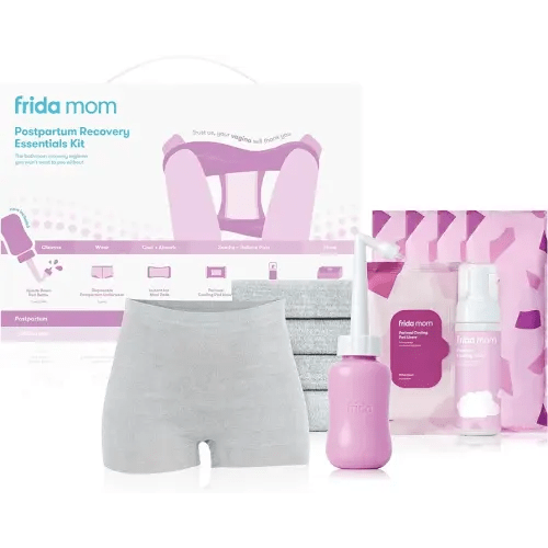 Frida Mom Postpartum Recovery Essentials Kit, Includes Disposable Underwear, Instant Ice Maxi Pads, Perineal Healing Foam, Perineal Healing Pad Liners and Upside Down Peri Bottle (11pc Gift Set)