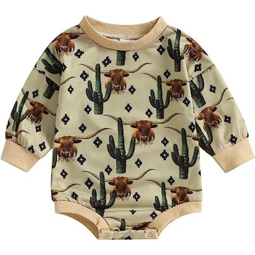 Omkzanbi Western Baby Girl Boy Clothes Sweatshirt Romper Cow Printed Bodysuit Long Sleeve Onesie Newborn Fall Winter Outfits