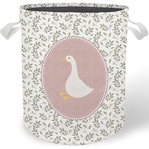 Pink Goose Nursery Laundry Basket, Cottagecore Botanical Goose Floral Laundry Basket Hamper Waterproof Collapsible Clothes Toys Storage Bin for Girls Nursery Bedroom Bathroom Home