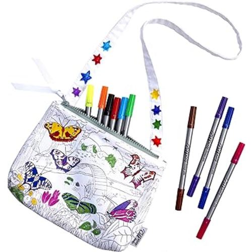 eatsleepdoodle Butterfly Coloring Crossbody Bag for Kids w/ 10pk Washable Markers for Kids - 8.5x7in Kids Coloring Crossbody Bag