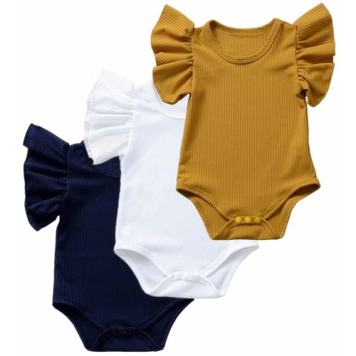 Baby Girls' Short-Sleeve Bodysuit Funny Ruffles Flower Jumpsuit Outfit for Infant Toddlers 3-Pack