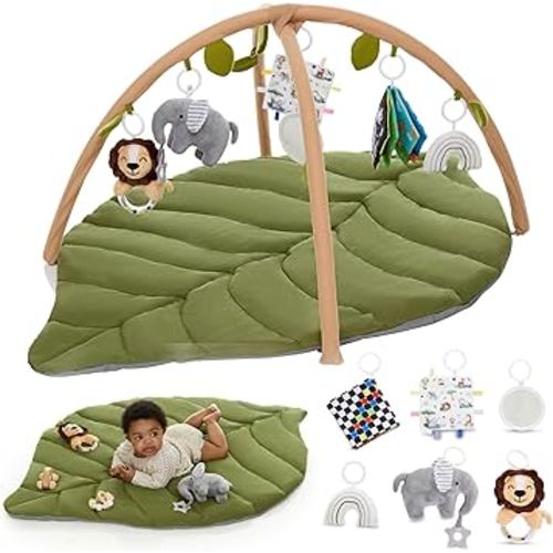 Baby Play Mat & Activity Gym - Tummy Time Mat with 6 Detachable Baby Toys | Oversized Leaf Modern Design Baby Play Gym | Perfect Baby Shower Gifts/Baby Must Haves - Developmental Activities for Baby
