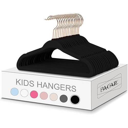 BAGAIL Kids Velvet Hangers 13.75 Inches Children's Clothes Hangers Non-Slip Baby Hangers for Infant/Toddler (Black/Rose Gold,50pack)
