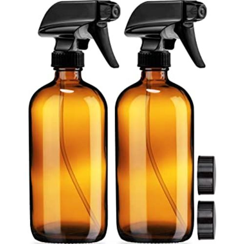 Empty Amber Glass Spray Bottles - 2 Pack - Each Large 16oz Refillable Bottle is Great for Essential Oils, Plants, Cleaning Solutions, Hair Mister - Durable Nozzle w/Fine Mist and Stream Setting