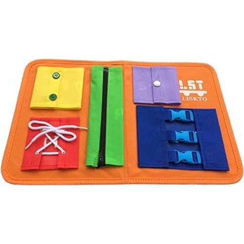 Busy Board Dress Learning Boards for Fine Motor Skills & Learn to Dress, Basic Life Skills Sensory Board, Learn to Zip, Snap, Tie Shoe Laces and Buckle (Type1, Orange)